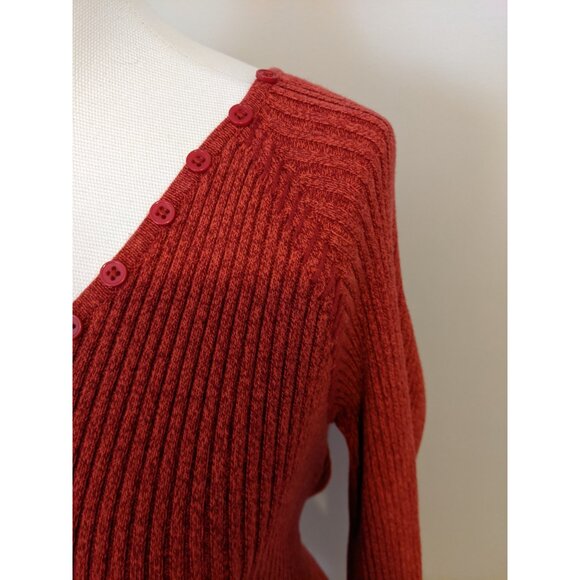 Vintage Y2K Rust Red Ribbed V-Neck Sweater Knit Top Cotton School Bella Swan L - Picture 5 of 10